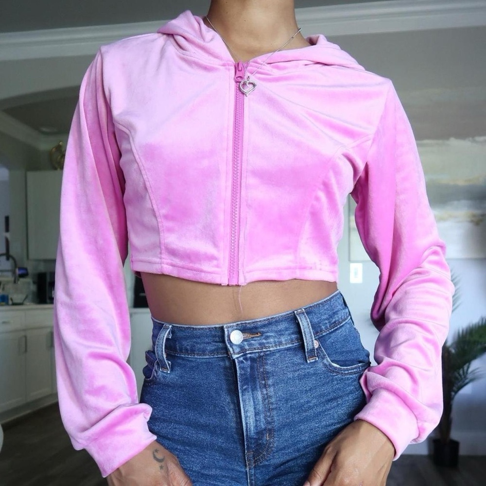 Zip-Front Cropped Pink Velour Hoodie